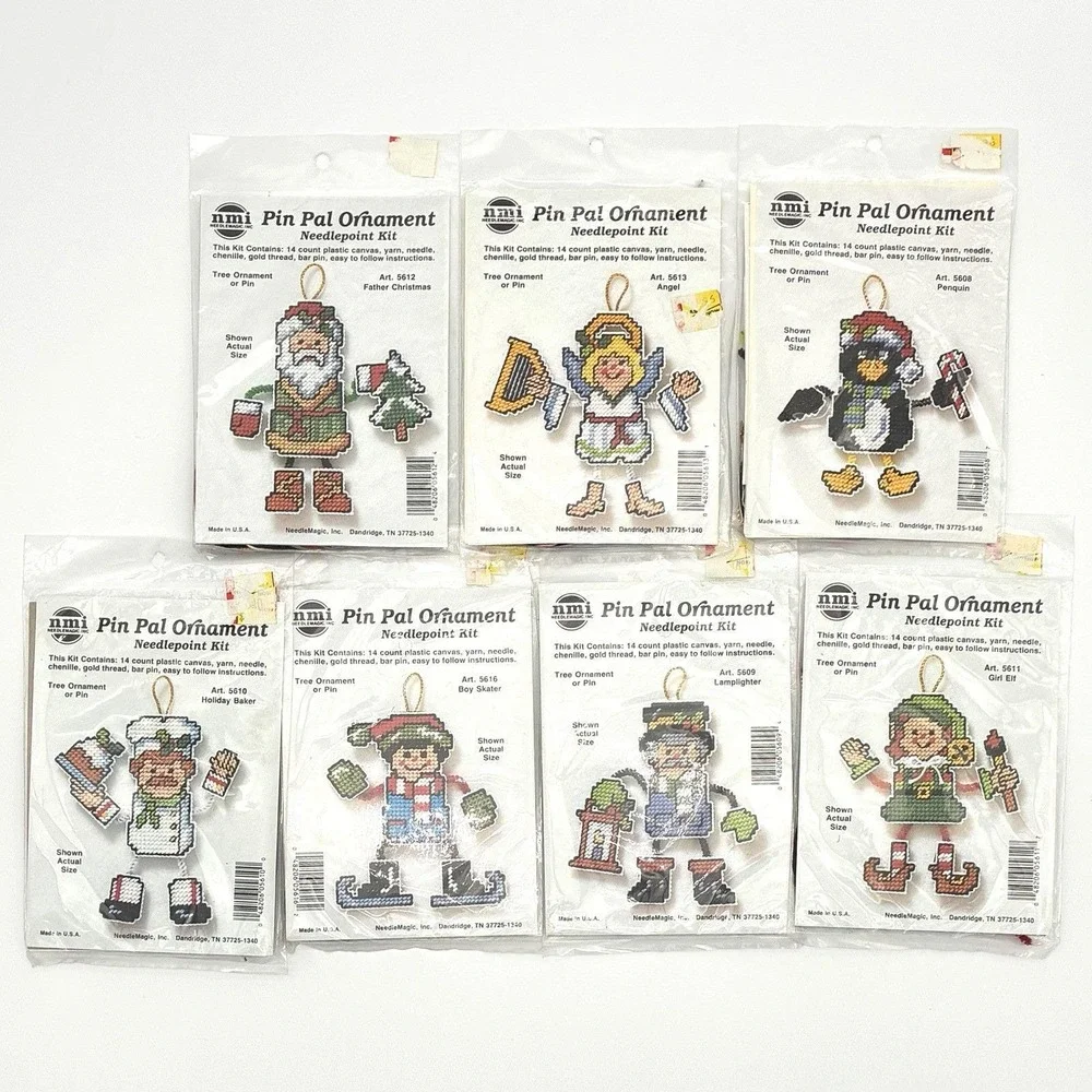 NMI Pin Pal Ornament Needlepoint Canvas Kit Lot of 7 Christmas Santa Elf NOS